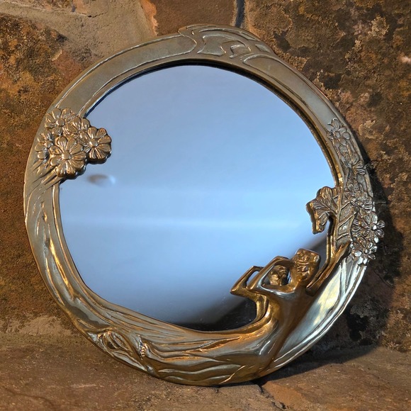 Gatco Other - Gatco Vintage Art Nouveau Solid Brass Nymph Flower Round Mirror Vanity Tray 9.5"
